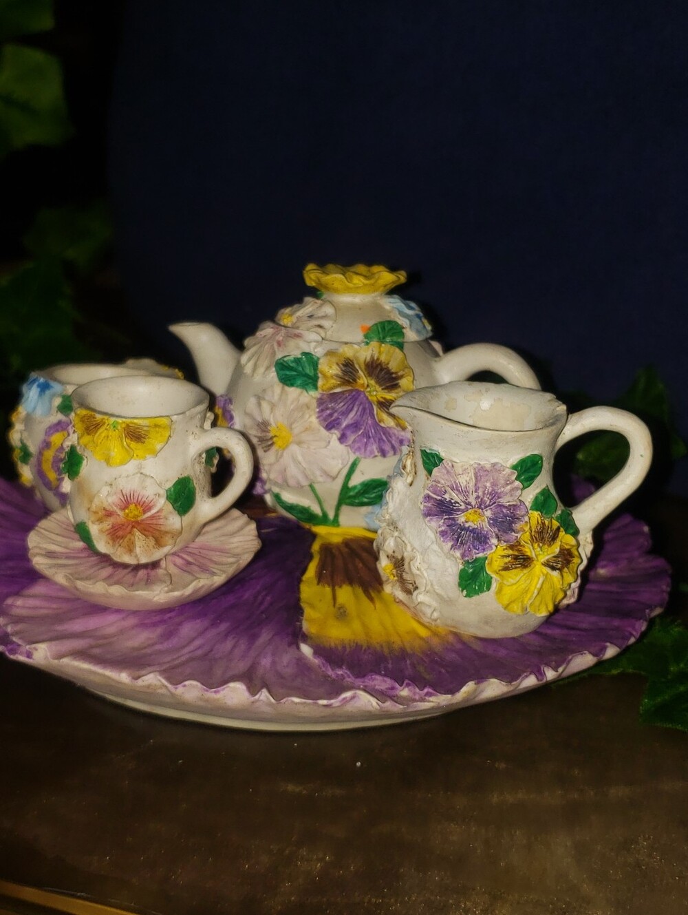 Vintage Russ Berrie Blossoms n Butterflies Miniature Pansy Tea Set 6 Pieces